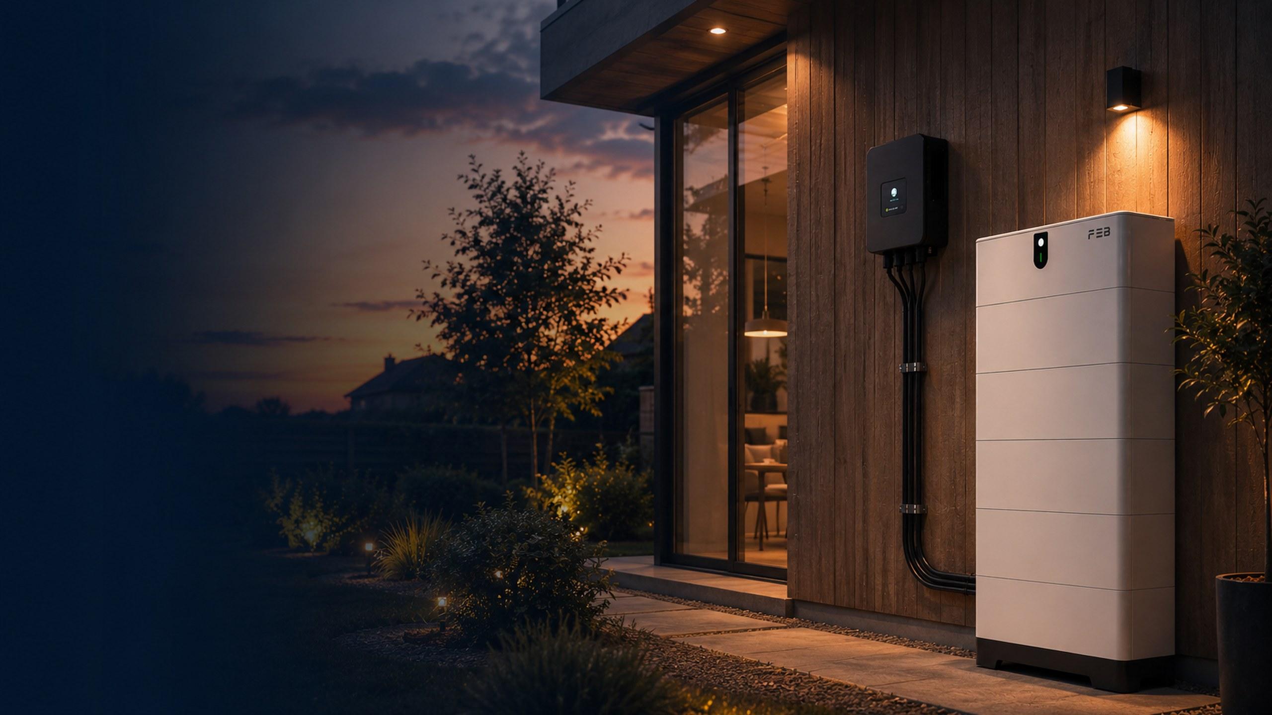 Thuisbatterij en omvormer tegen een moderne woning in avondlicht